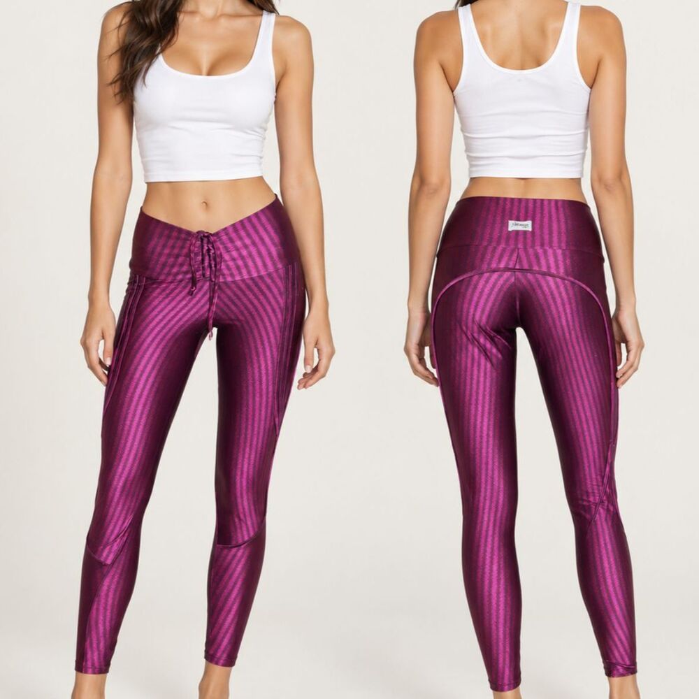 Purple Striped Leggings Small Low Rise Drawstring Activewear
